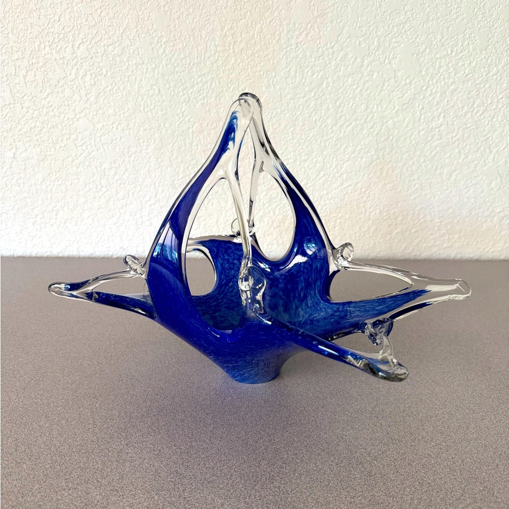 Vintage Murano Style Blue Art Glass Stretch Basket